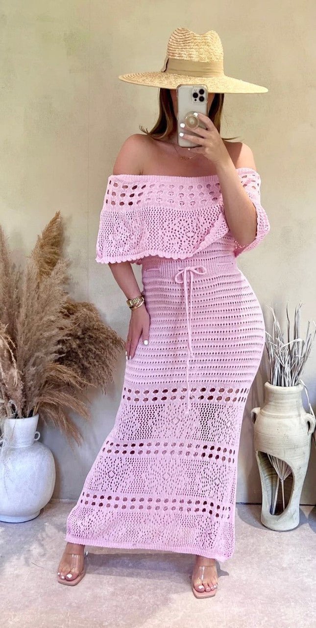 Achlibe Women Summer Off Shoulder Dress Casual Knit Hollow Tie up Maxi Dress Long Tube To - Remzs Fashion