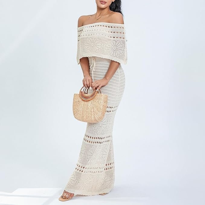 Achlibe Women Summer Off Shoulder Dress Casual Knit Hollow Tie up Maxi Dress Long Tube To - Remzs Fashion