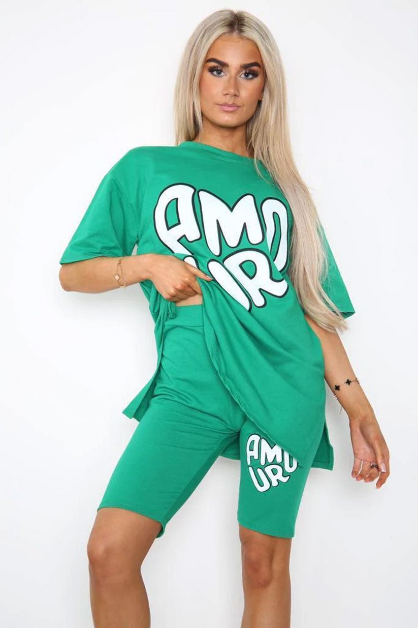 Amour Side Slit Cycling Short and T-Shirts Co-Ord Two Piece Set with Front Amour Slogan - Remzs Fashion