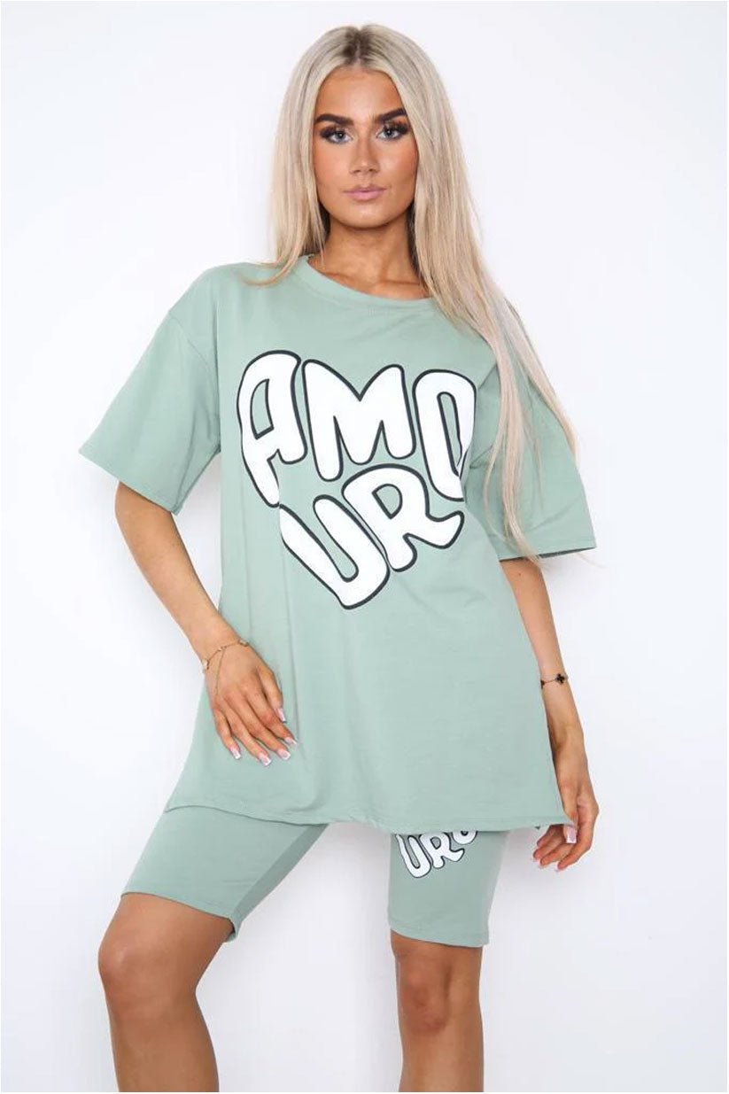 Amour Side Slit Cycling Short and T-Shirts Co-Ord Two Piece Set with Front Amour Slogan - Remzs Fashion