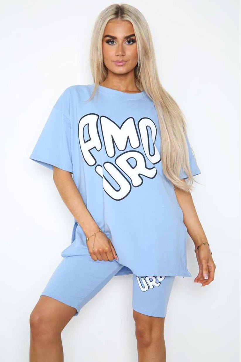 Amour Side Slit Cycling Short and T-Shirts Co-Ord Two Piece Set with Front Amour Slogan - Remzs Fashion