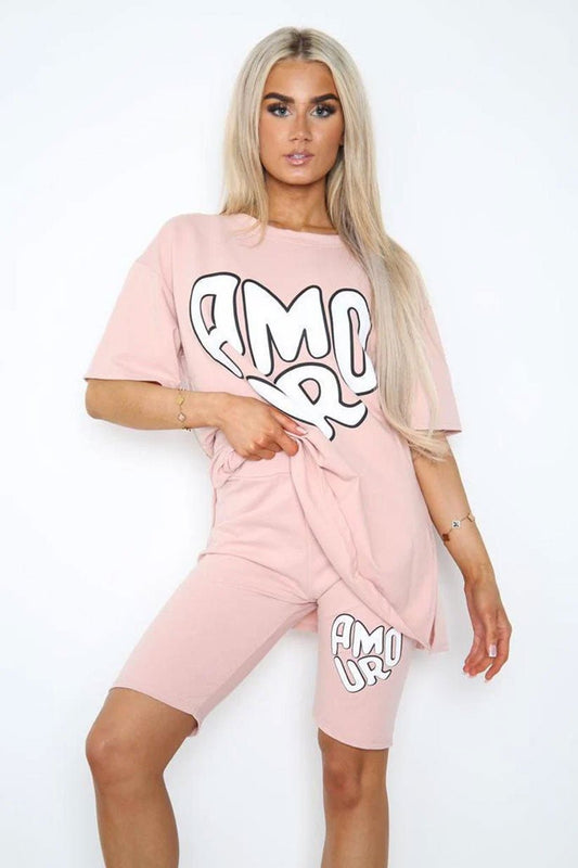 Amour Side Slit Cycling Short and T-Shirts Co-Ord Two Piece Set with Front Amour Slogan - Remzs Fashion