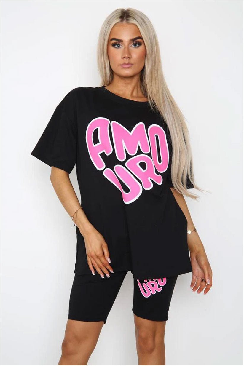 Amour Side Slit Cycling Short and T-Shirts Co-Ord Two Piece Set with Front Amour Slogan - Remzs Fashion