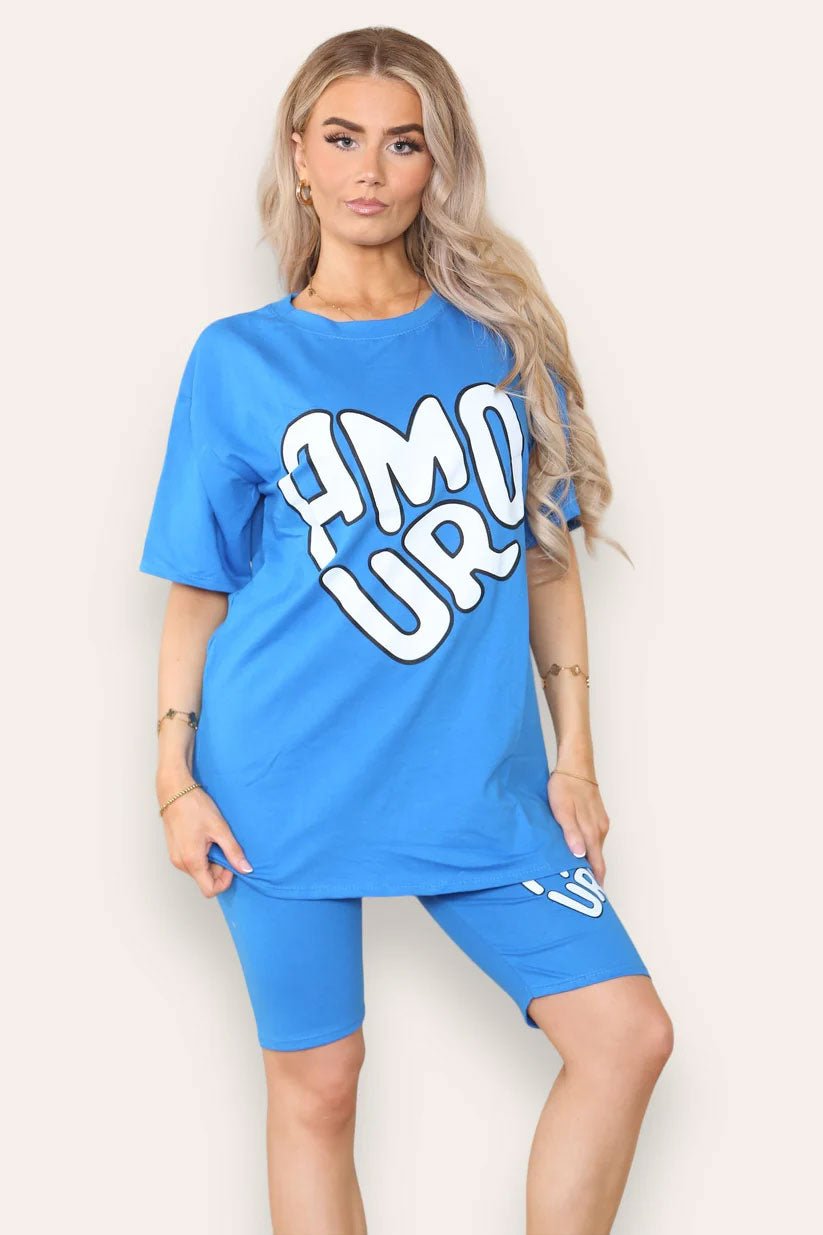 Amour Side Slit Cycling Short and T-Shirts Co-Ord Two Piece Set with Front Amour Slogan - Remzs Fashion