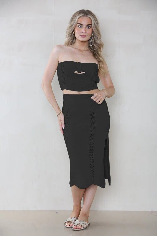 Beige Black White long slit skirt crop top 2 piece set dress ladies knitted co ord set - Remzs Fashion