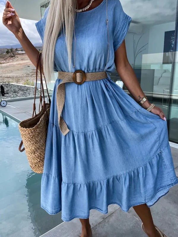 Denim Summer Dress Round Neck Dress Women's Summer A - line Midi Dress with Belt - Remzs Fashion