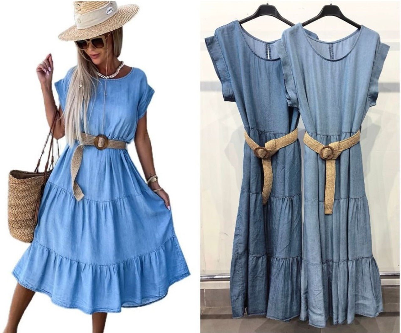 Denim Summer Dress Round Neck Dress Women's Summer A - line Midi Dress with Belt - Remzs Fashion