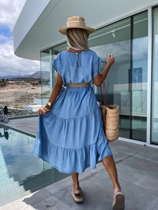 Denim Summer Dress Round Neck Dress Women's Summer A - line Midi Dress with Belt - Remzs Fashion