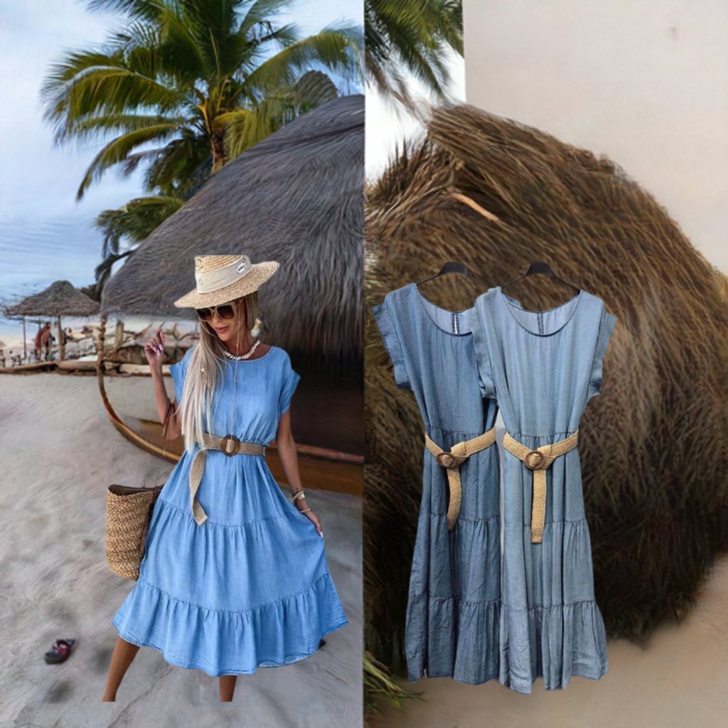 Denim Summer Dress Round Neck Dress Women's Summer A - line Midi Dress with Belt - Remzs Fashion