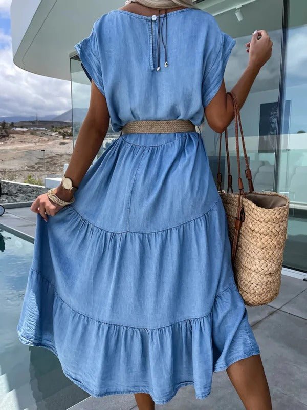 Denim Summer Dress Round Neck Dress Women's Summer A - line Midi Dress with Belt - Remzs Fashion