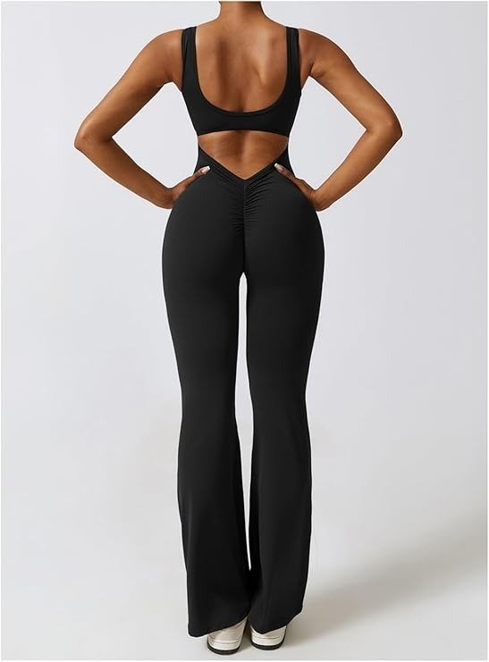 Flare Jumpsuits U Neck Long Sport Rompers Sleeveless Backless Playsuit Sport Scrunch Butt Leggings - Remzs Fashion