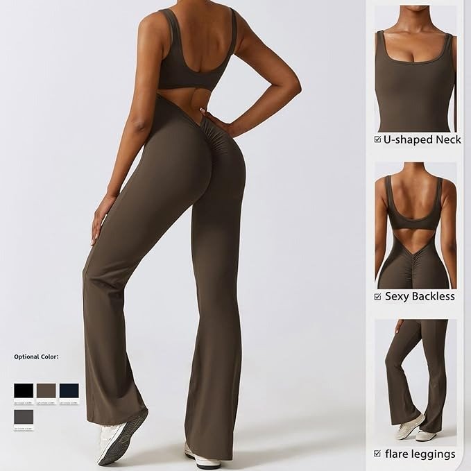 Flare Jumpsuits U Neck Long Sport Rompers Sleeveless Backless Playsuit Sport Scrunch Butt Leggings - Remzs Fashion