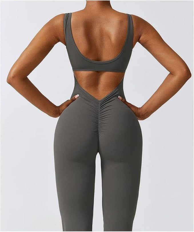 Flare Jumpsuits U Neck Long Sport Rompers Sleeveless Backless Playsuit Sport Scrunch Butt Leggings - Remzs Fashion