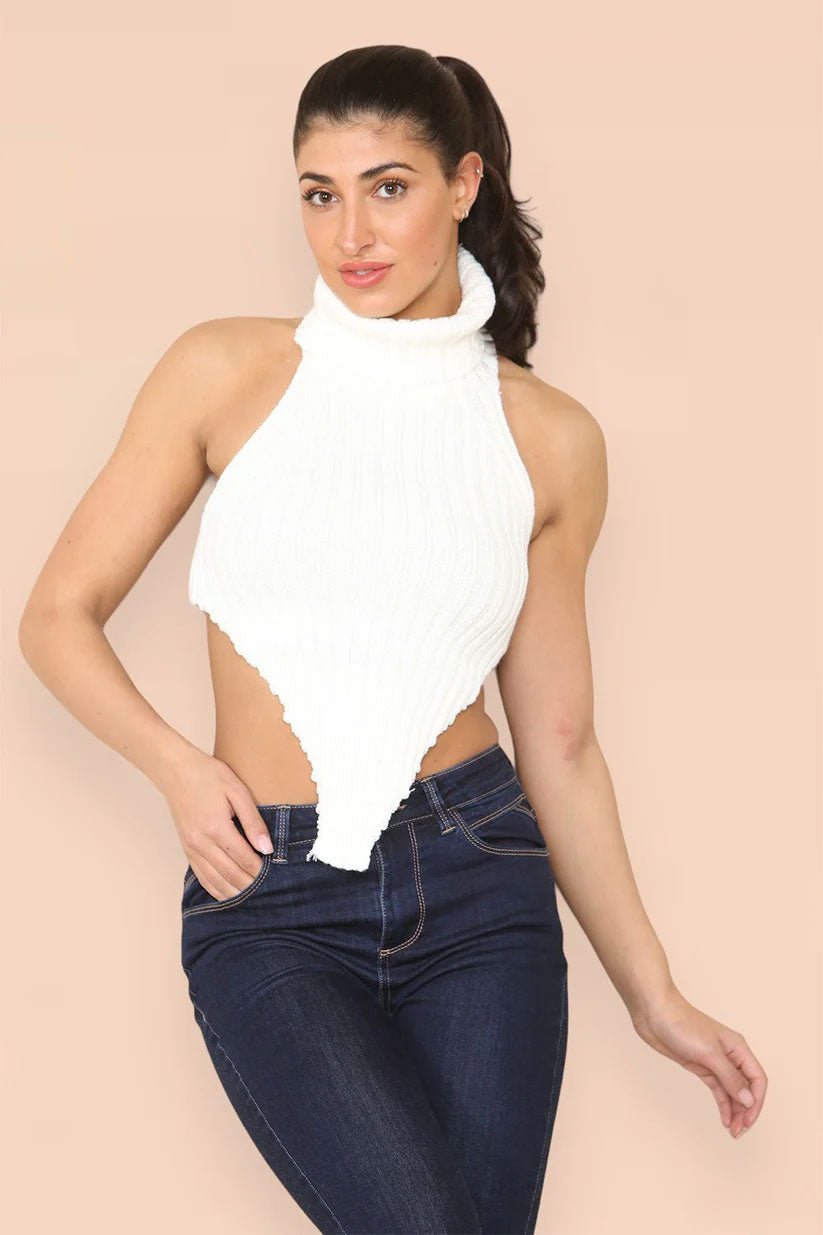 High Neck Roll Knitted Backless Front Cropped Top - Remzs Fashion