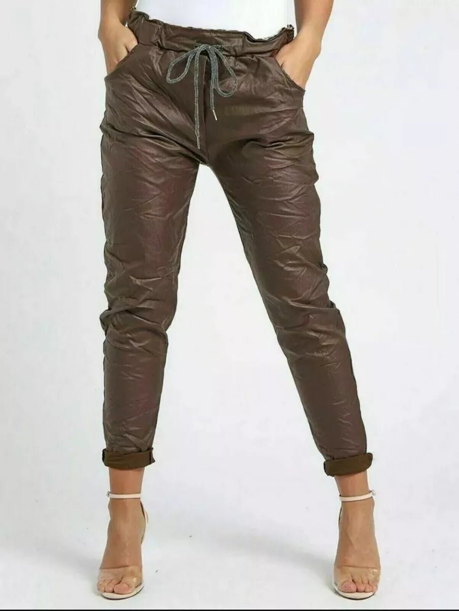 Italian Ladies Wet Look Faux Leather Women Magic Trousers Joggers Pants Bottoms - Remzs Fashion