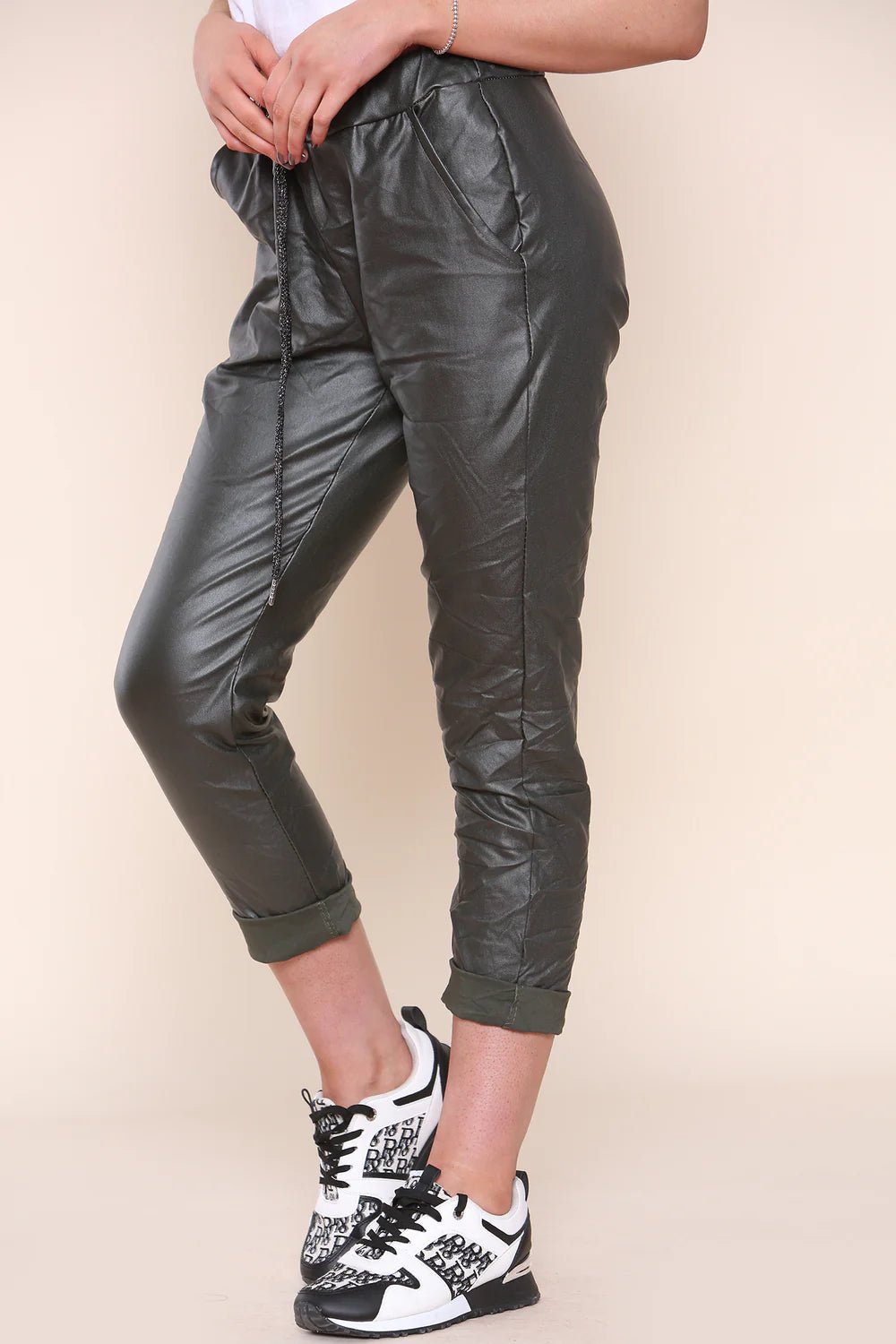 Italian Ladies Wet Look Faux Leather Women Magic Trousers Joggers Pants Bottoms - Remzs Fashion