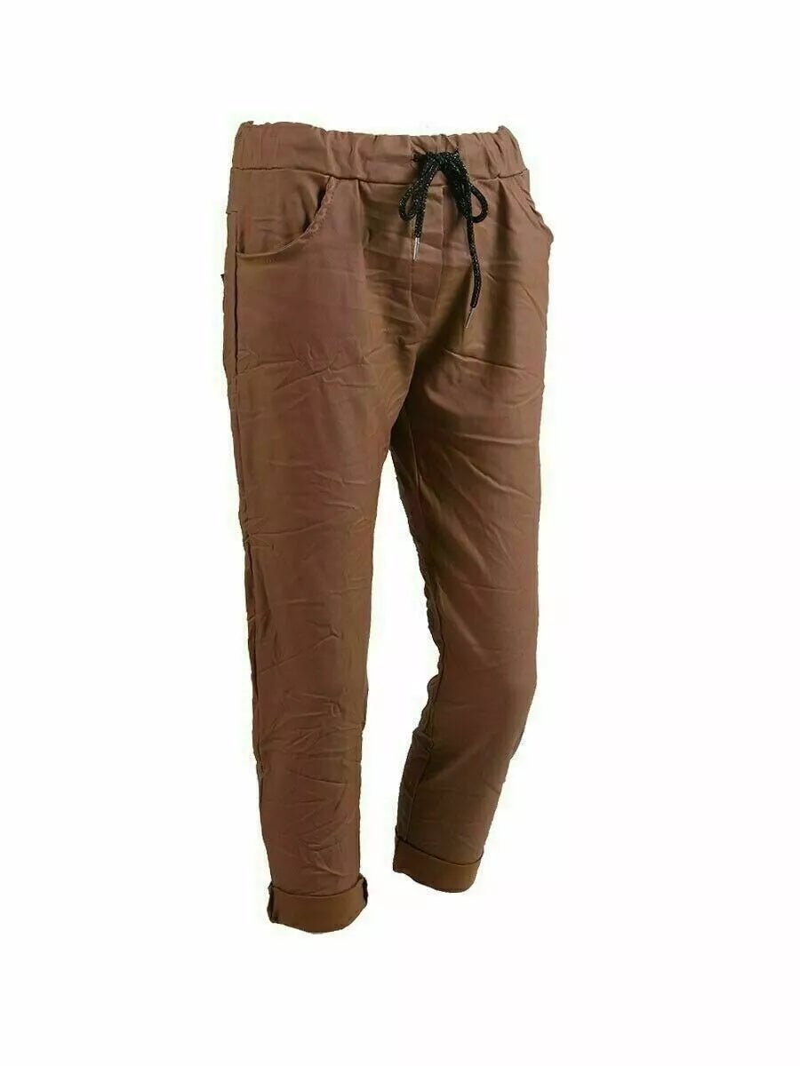 Italian Ladies Wet Look Faux Leather Women Magic Trousers Joggers Pants Bottoms - Remzs Fashion