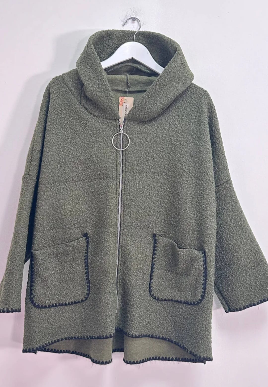 Italian Zip - up Hooded Contrast Panel Hem Pocket Teddy Bounce Coat - Remzs Fashion