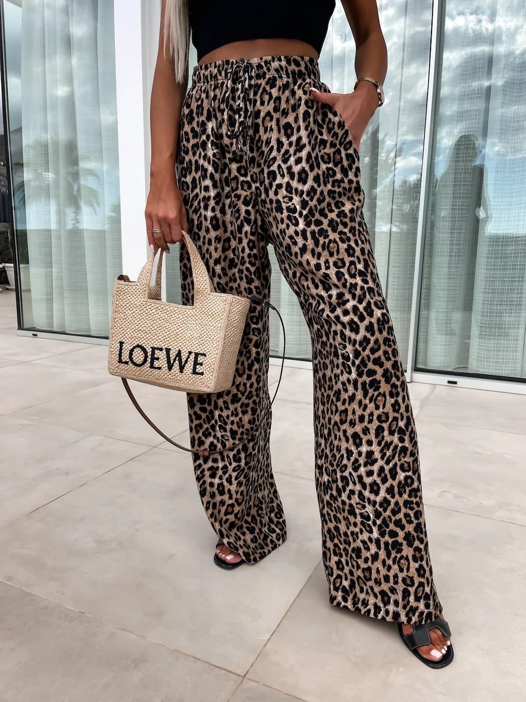 Ladies Leopard Animal Print High Waiste Pants - Remzs Fashion