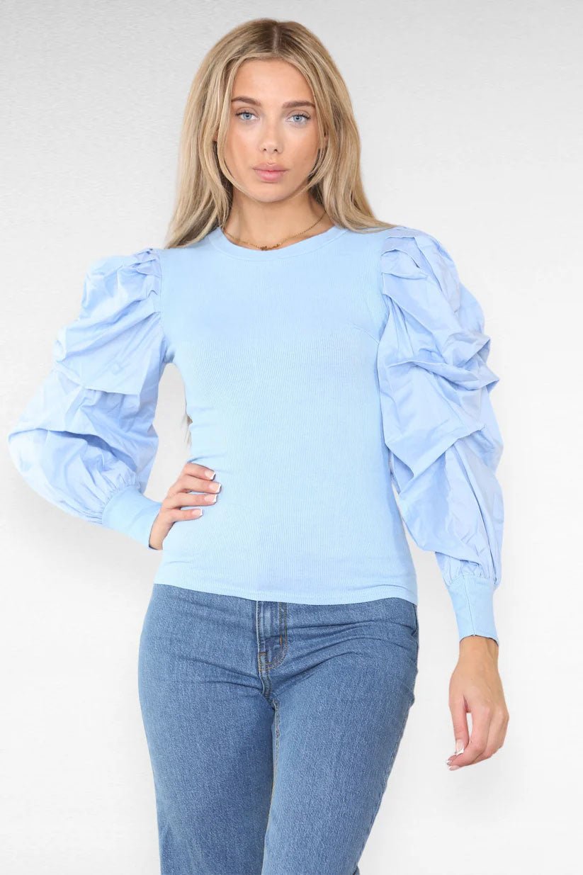 Oversized Puff Sleeves Ribbed Top - Remzs Fashion