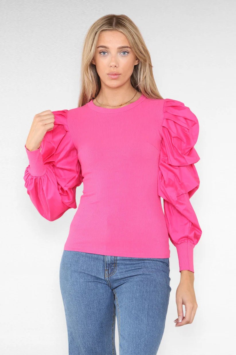 Oversized Puff Sleeves Ribbed Top - Remzs Fashion