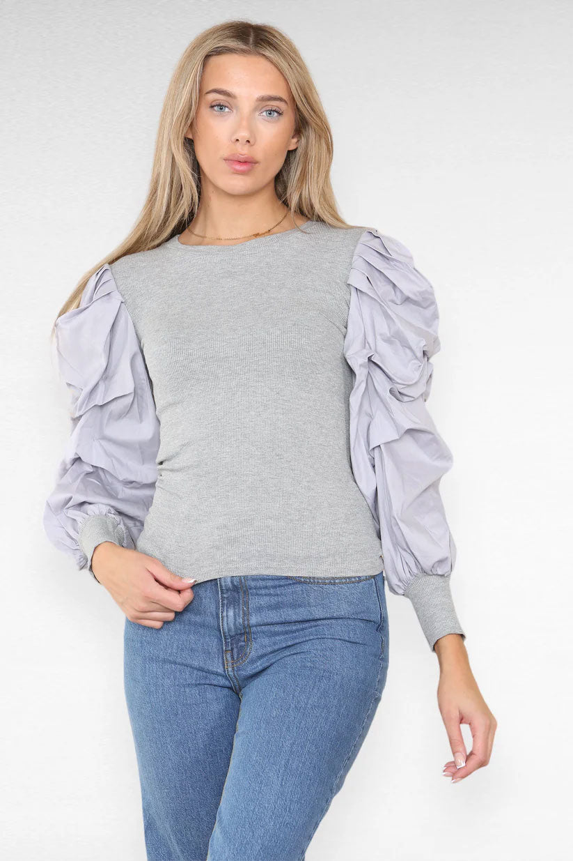 Oversized Puff Sleeves Ribbed Top - Remzs Fashion