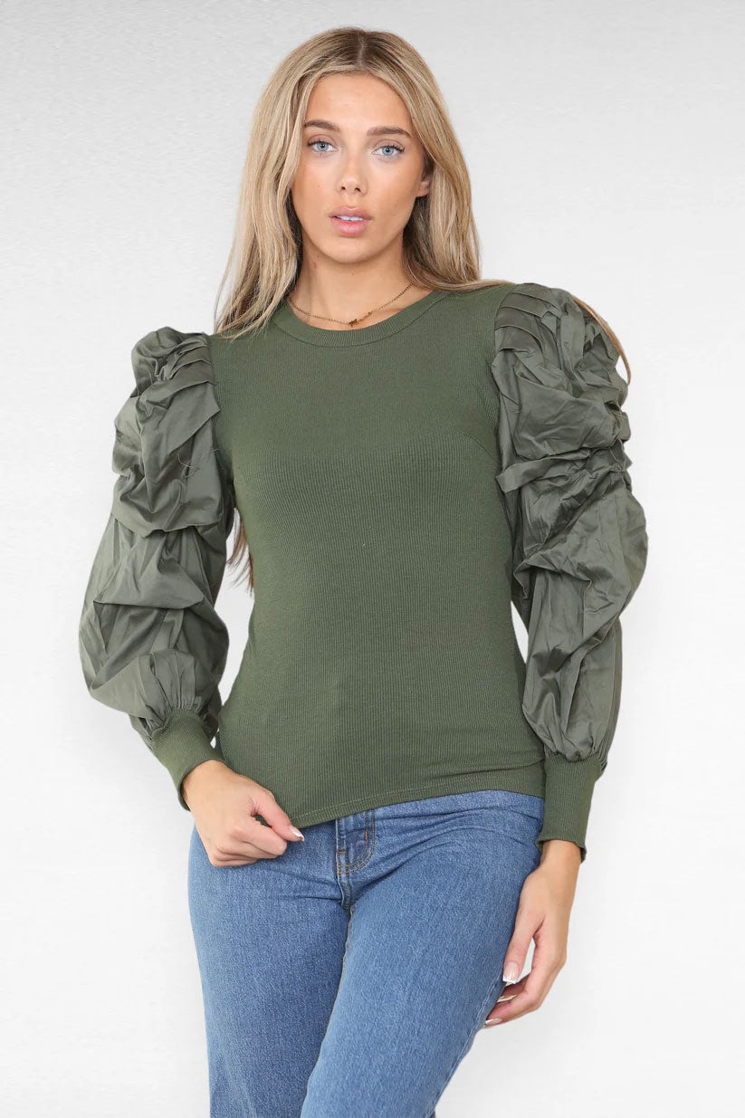 Oversized Puff Sleeves Ribbed Top - Remzs Fashion