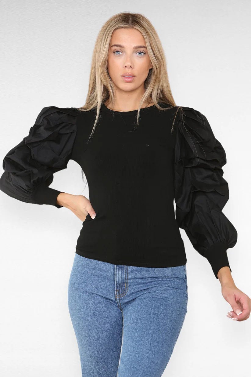 Oversized Puff Sleeves Ribbed Top - Remzs Fashion