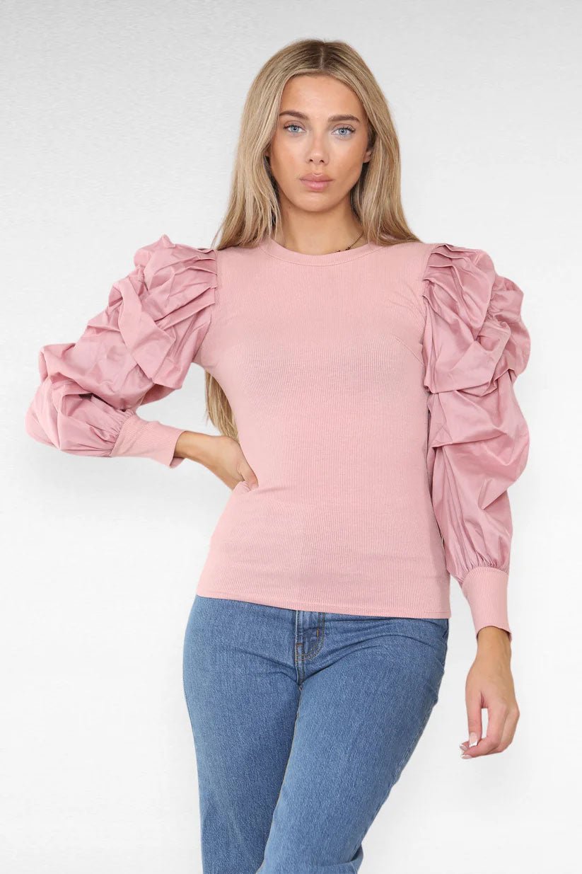 Oversized Puff Sleeves Ribbed Top - Remzs Fashion