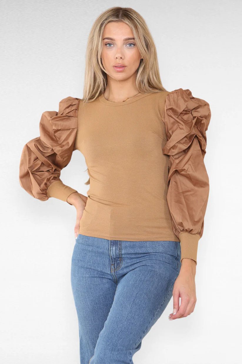 Oversized Puff Sleeves Ribbed Top - Remzs Fashion