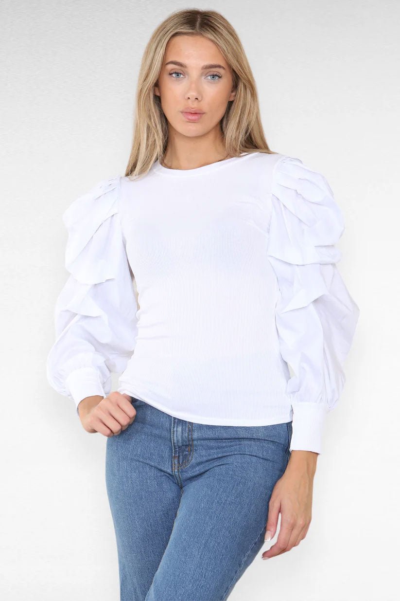 Oversized Puff Sleeves Ribbed Top - Remzs Fashion