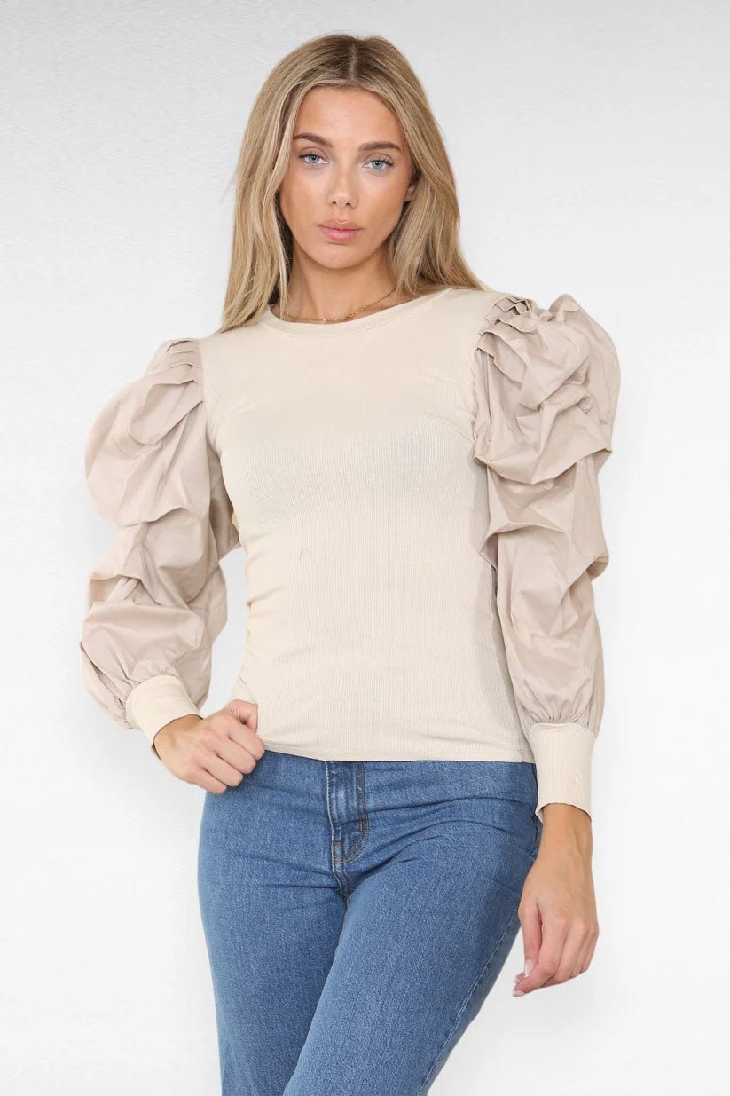 Oversized Puff Sleeves Ribbed Top - Remzs Fashion