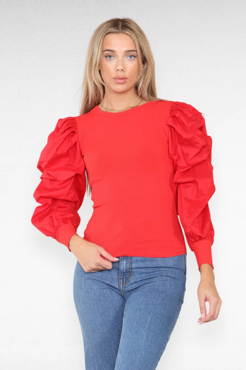 Oversized Puff Sleeves Ribbed Top - Remzs Fashion