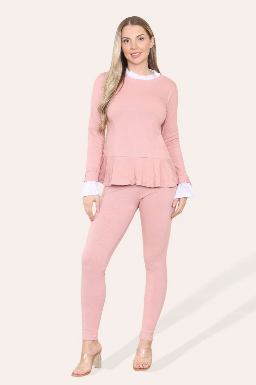 Peplum Frill Neck Suit Pleated Lounge Wear Set - Remzs Fashion