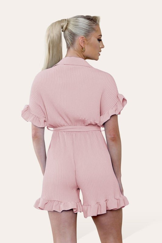 Pleated Ruffle Shirt Short Playsuit With Frill Hems - Remzs Fashion