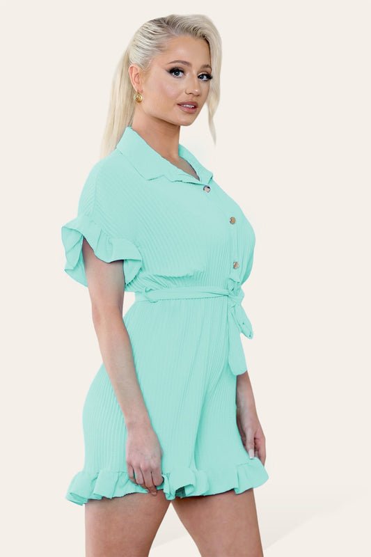 Pleated Ruffle Shirt Short Playsuit With Frill Hems - Remzs Fashion