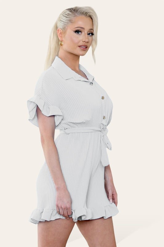 Pleated Ruffle Shirt Short Playsuit With Frill Hems - Remzs Fashion