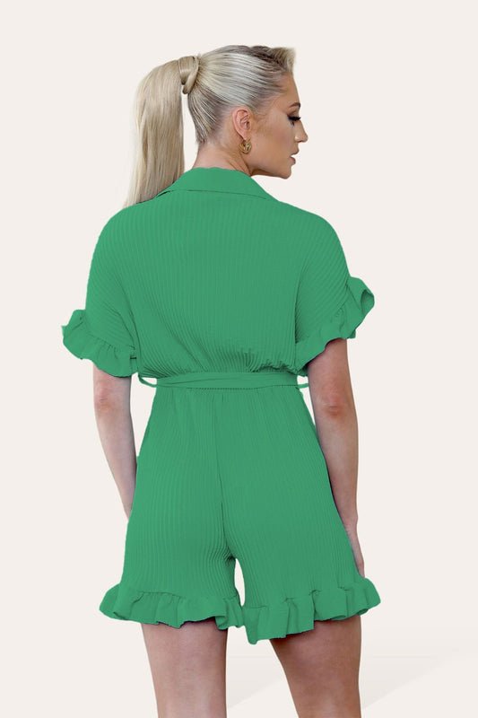 Pleated Ruffle Shirt Short Playsuit With Frill Hems - Remzs Fashion