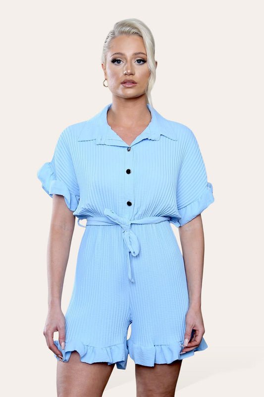 Pleated Ruffle Shirt Short Playsuit With Frill Hems - Remzs Fashion