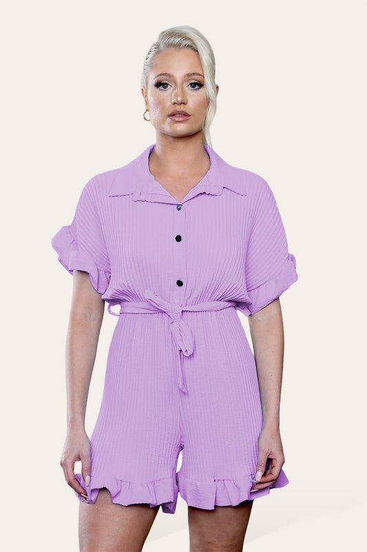 Pleated Ruffle Shirt Short Playsuit With Frill Hems - Remzs Fashion