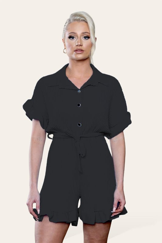 Pleated Ruffle Shirt Short Playsuit With Frill Hems - Remzs Fashion