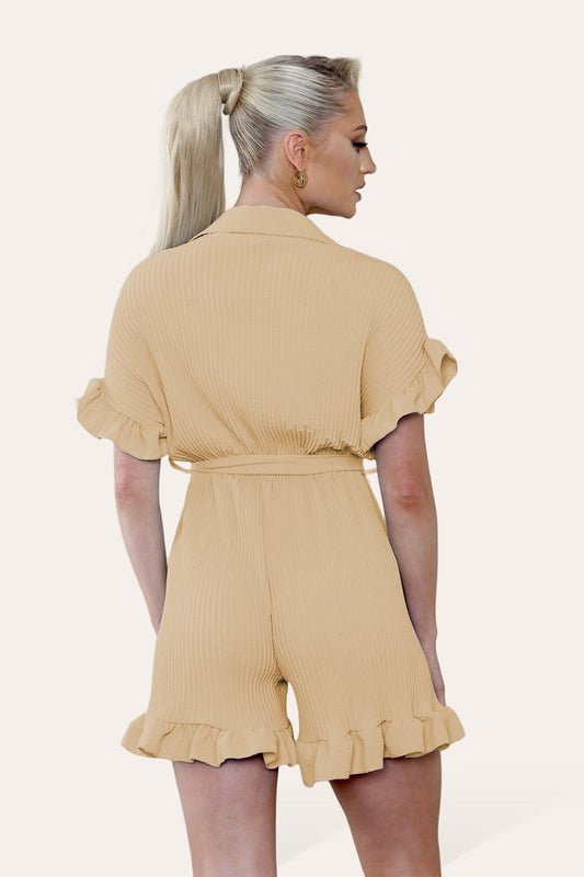 Pleated Ruffle Shirt Short Playsuit With Frill Hems - Remzs Fashion