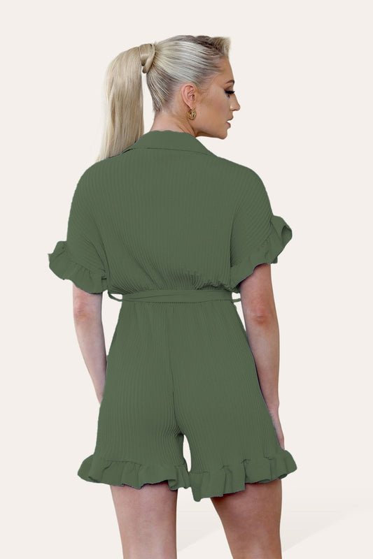 Pleated Ruffle Shirt Short Playsuit With Frill Hems - Remzs Fashion