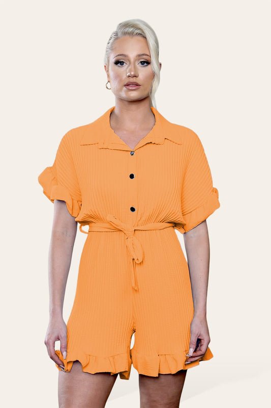 Pleated Ruffle Shirt Short Playsuit With Frill Hems - Remzs Fashion