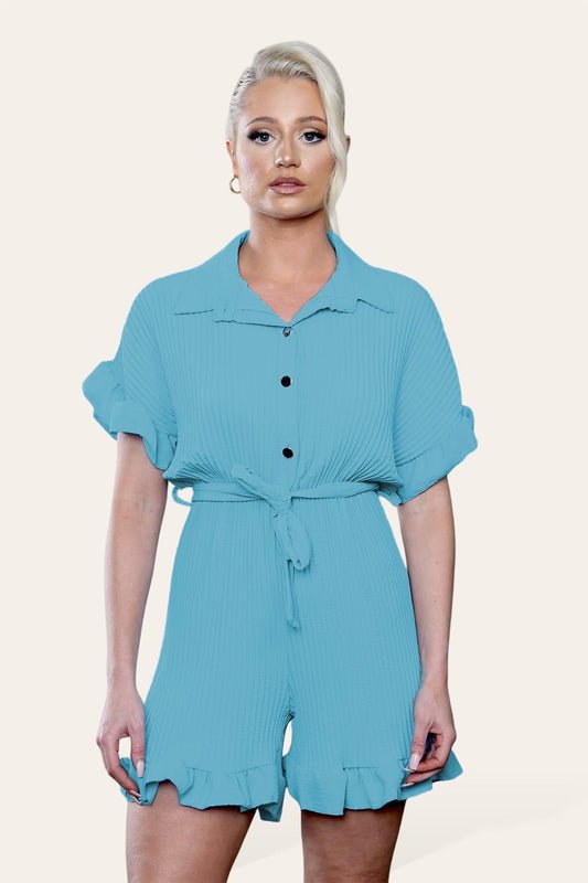 Pleated Ruffle Shirt Short Playsuit With Frill Hems - Remzs Fashion