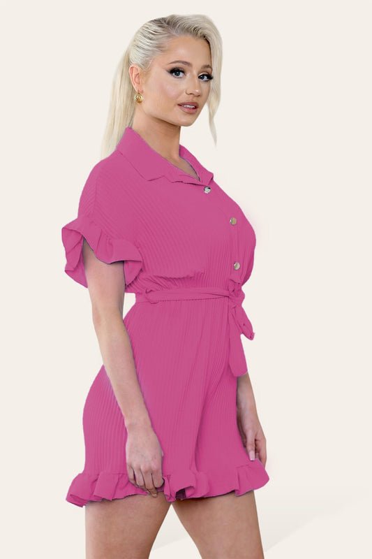 Pleated Ruffle Shirt Short Playsuit With Frill Hems - Remzs Fashion