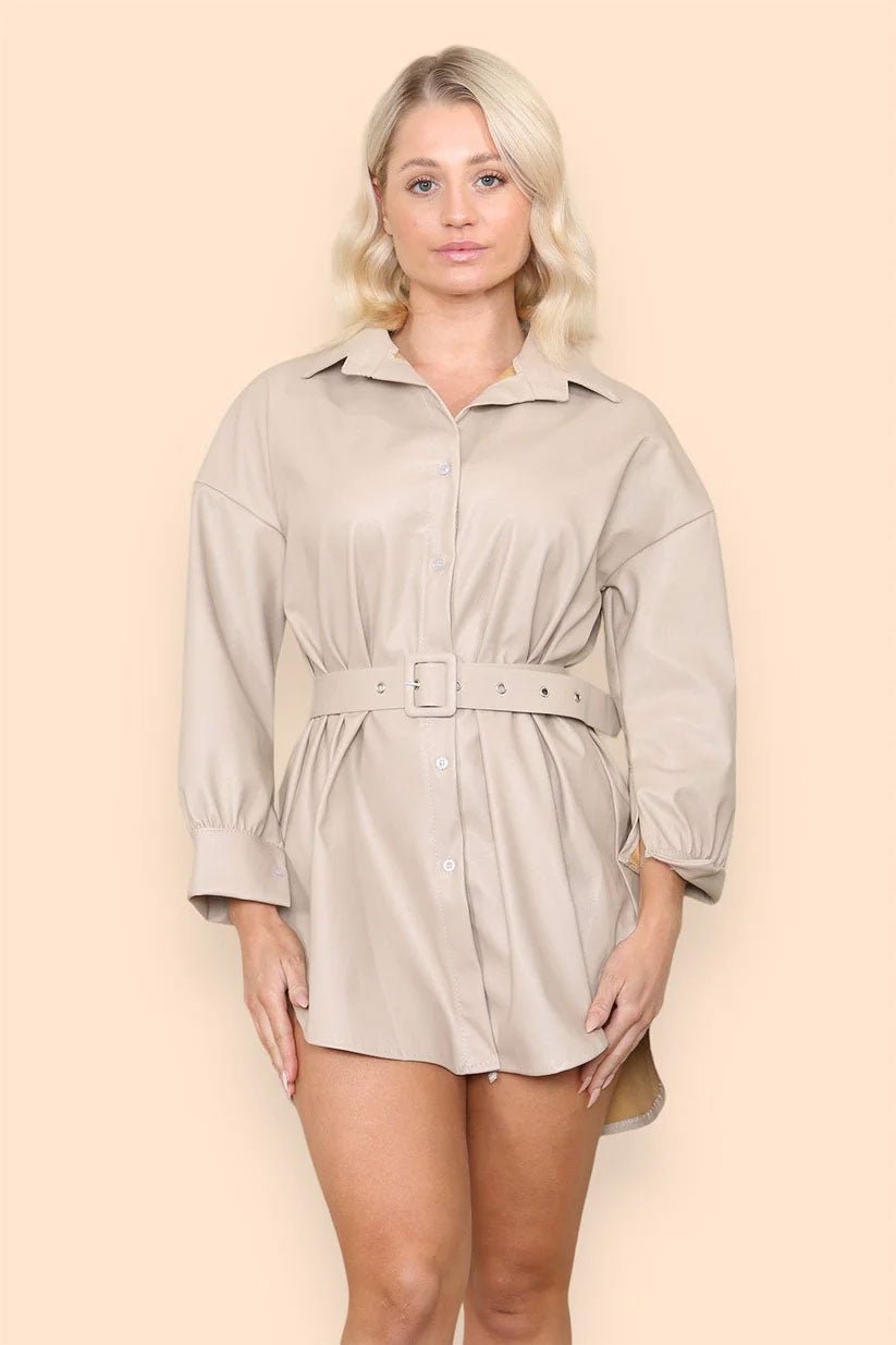 PU Faux Leather Belted Wet Look Shirt Dress - Remzs Fashion