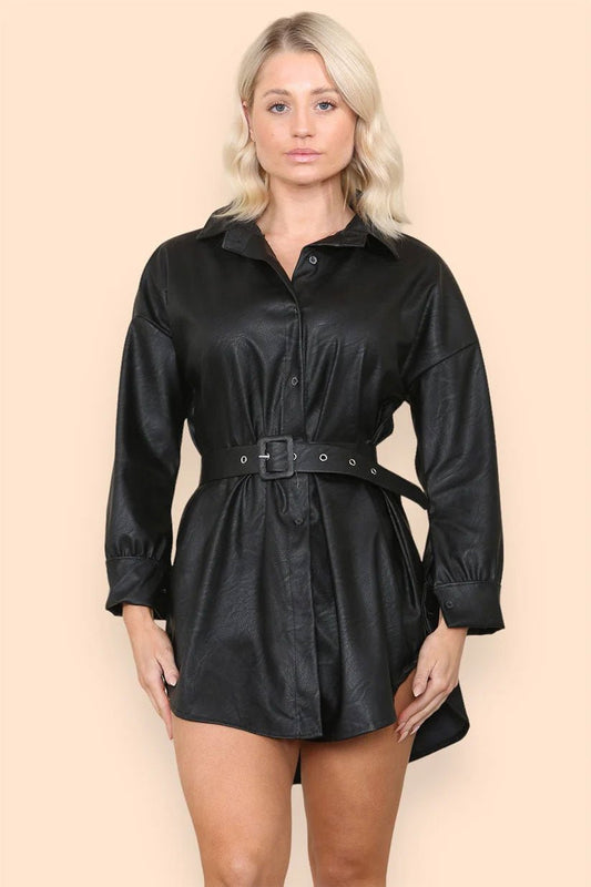 PU Faux Leather Belted Wet Look Shirt Dress - Remzs Fashion