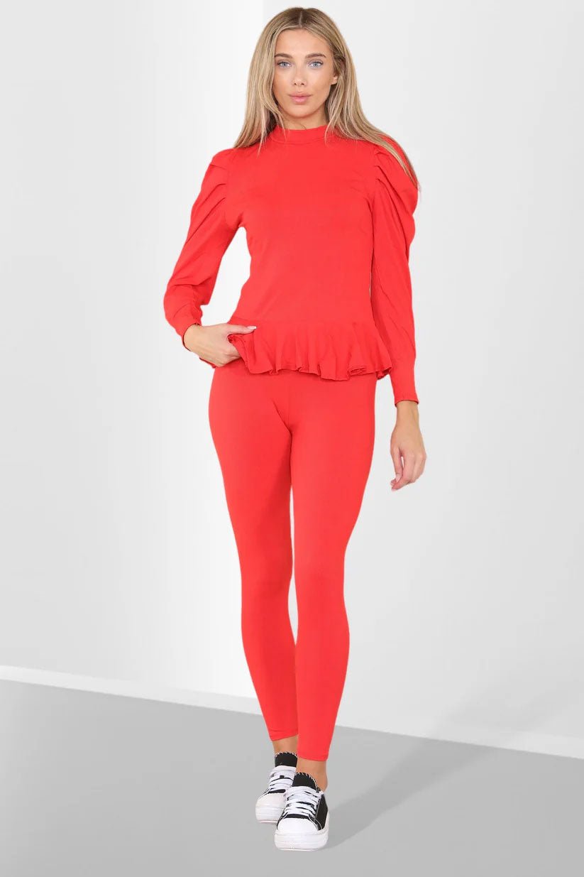 Puff Sleeves Set Frill Hem Peplum Ribbed Lounge Wear Suit - Remzs Fashion