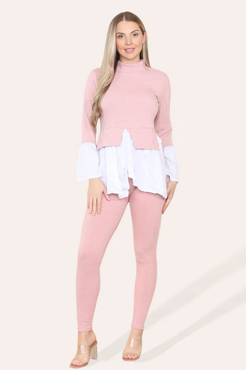 Ribbed Lounge Wear Flared Shirt and Leggings Co-Ord Set - Remzs Fashion